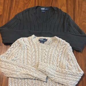 Polo Ralph Lauren V-Neck Sweater - Dark Gray and Cream